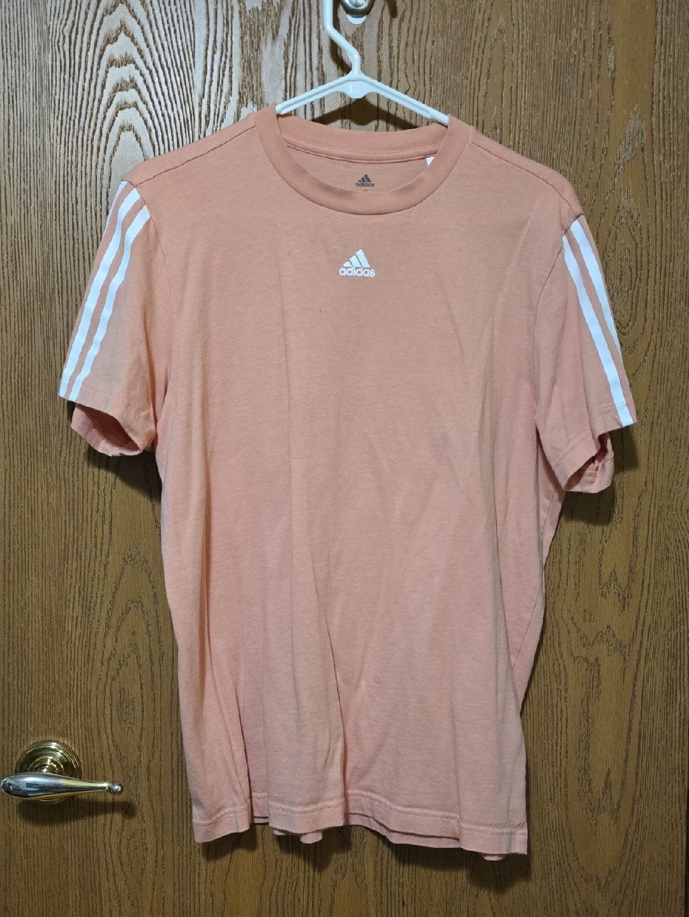 adidas Women’s Peach Crew Neck Tee with White Stripe Detail US Size 8